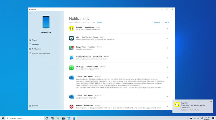 Build 18932 (20H1) notificaciones yourphone