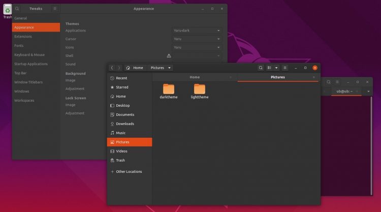 Ubuntu 19.10 tema claro yaru oscuro