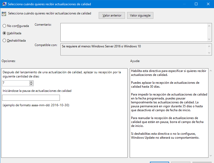 aplazar dias para las actualizaciones de calidad en windows 10