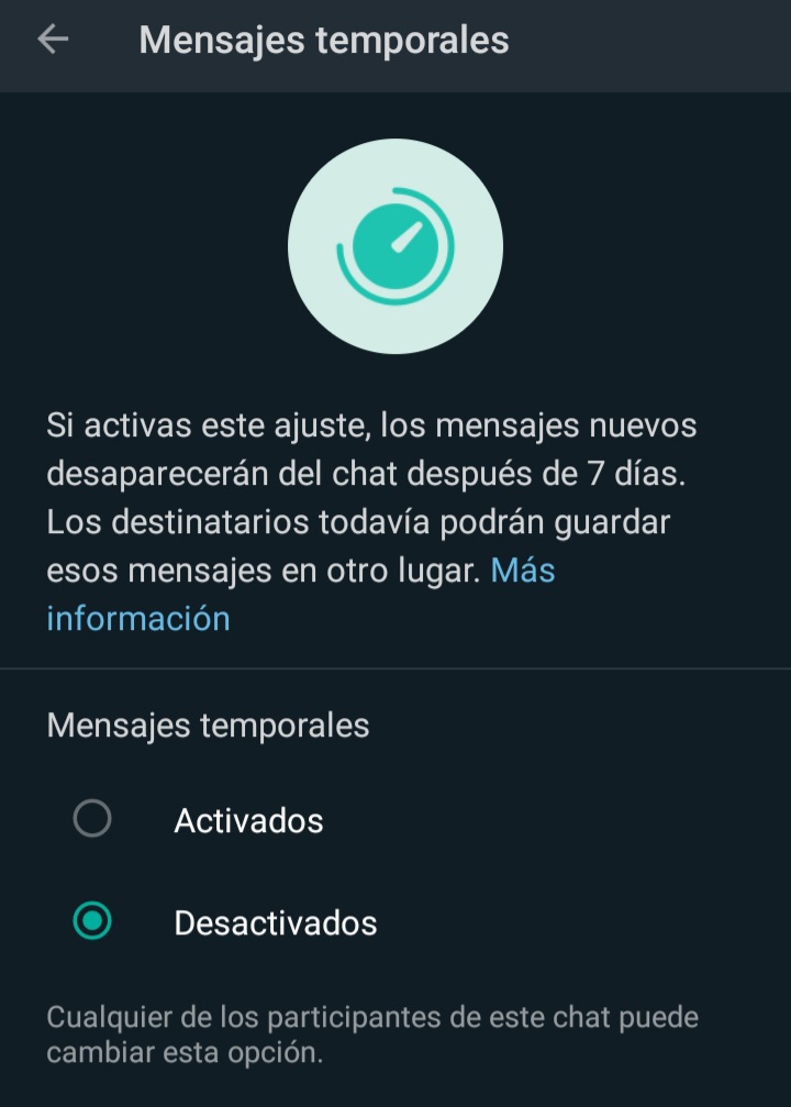 activar mensajes temporales funciones de whatsapp