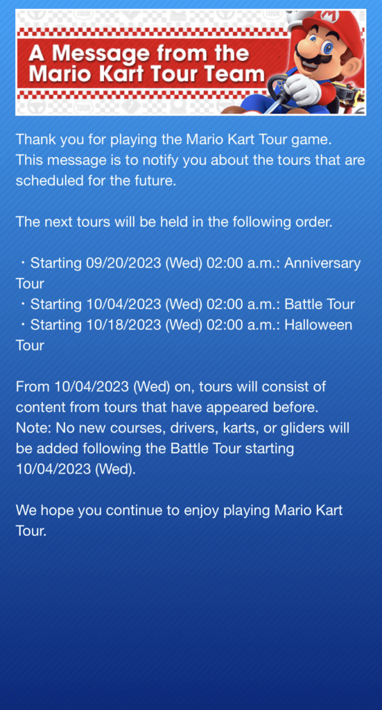 anuncio de nintendo sobre el fin de mario kart tour