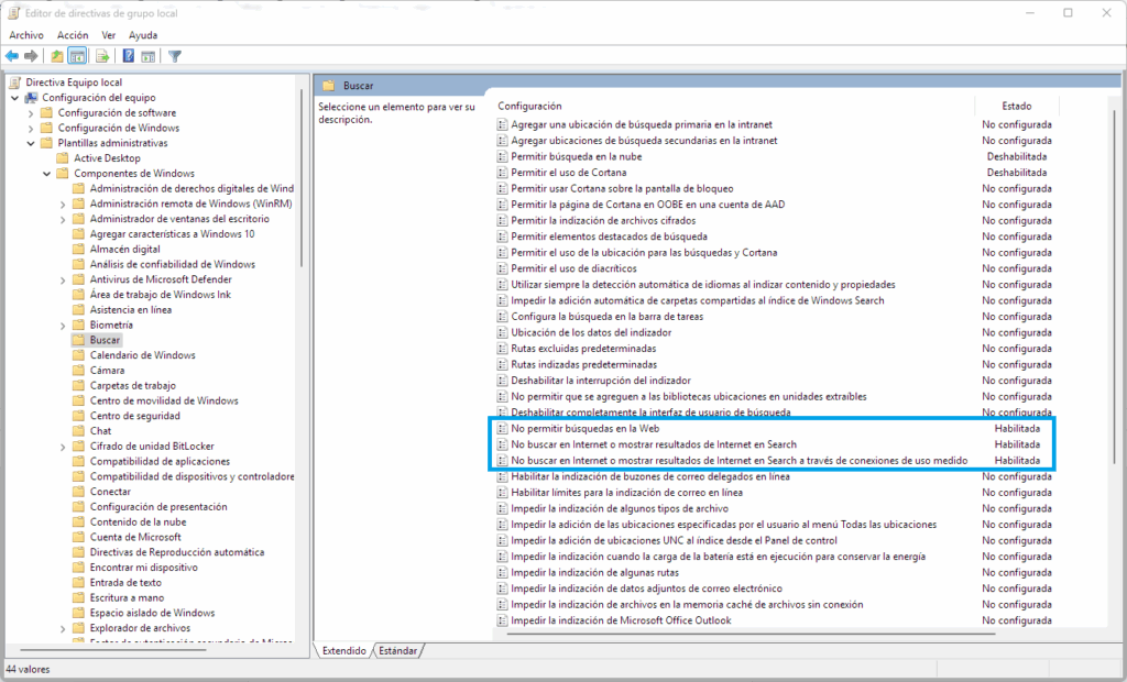Deshabilitar las búsquedas webs en Windows Search