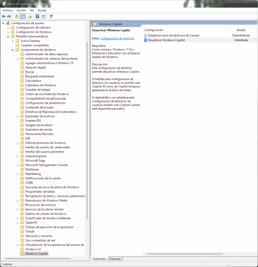 deshabilitar copilot en politicas de grupo de windows 11