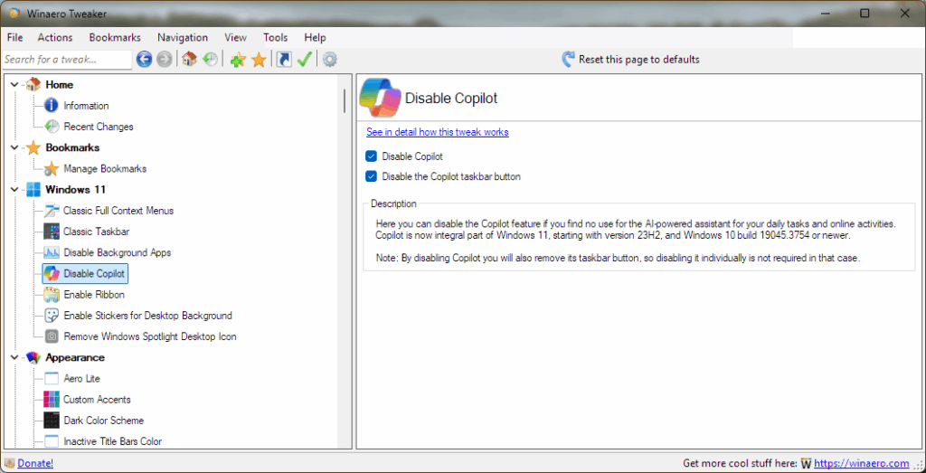 Desactivar Copilot en Windows 11 con winaero
